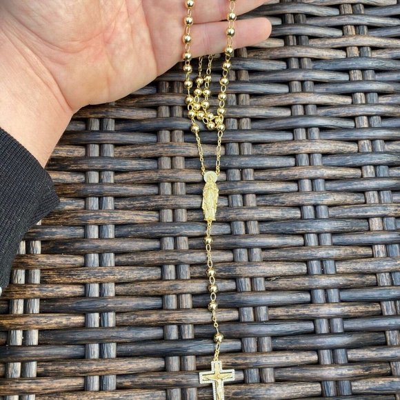 Rosary Beads Necklace 14k Gold Plated Real 925 Silver Rosario Jesus Cross CZ Icy - Picture 3 of 5